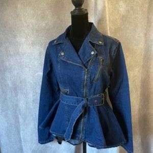 Venus Hi-Low Denim Belted Jacket Moto Style Size S
